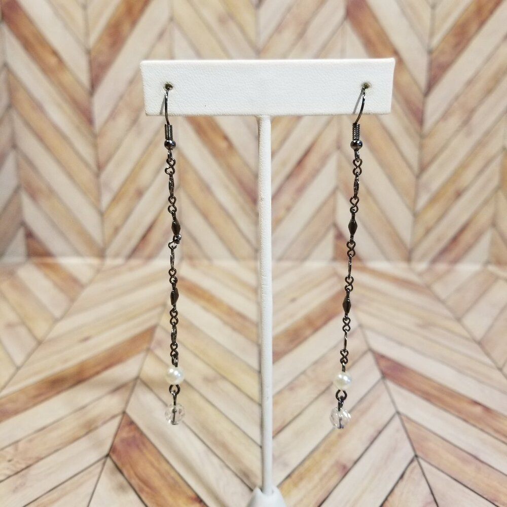 Bronze Chain Earrings with Clear and Pearl Beads